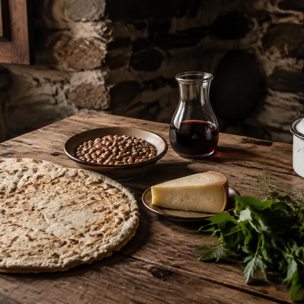 What was actually on the table: pane carasau, a bowl of beans, pecorino, a jug of wine and wild greens